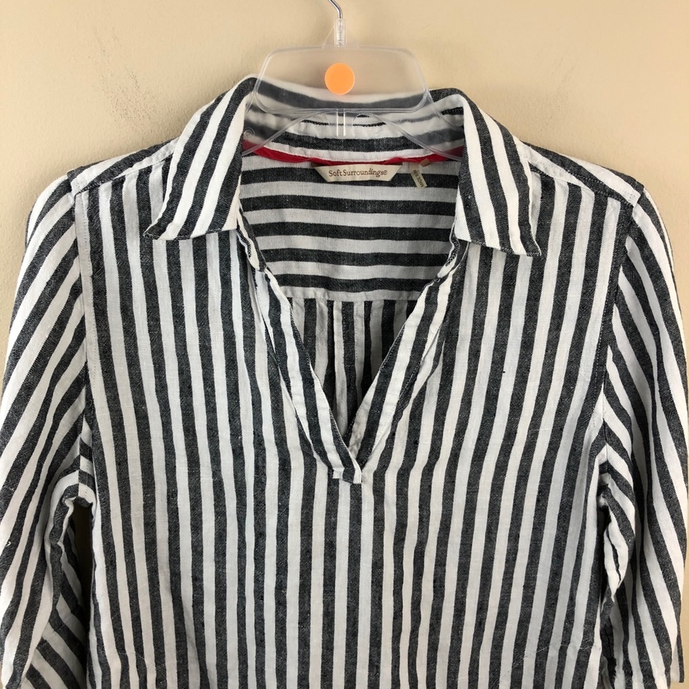 Soft Surroundings Top Womens PM Black White 100% Linen Tunic Pullover Collared